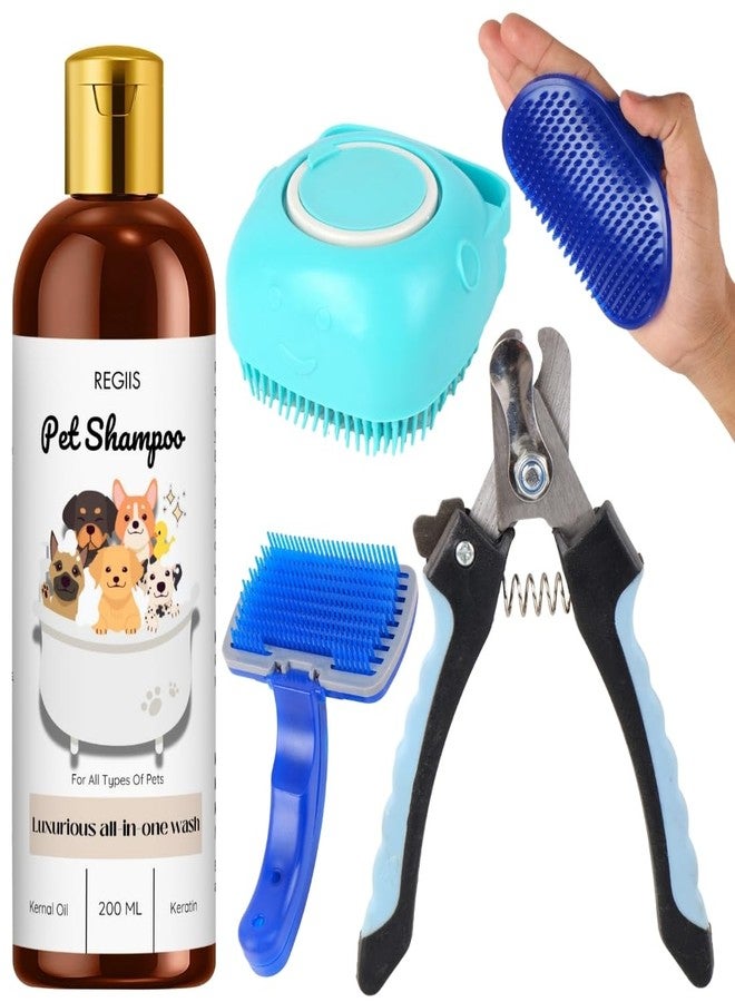 REGIIS Pet Grooming Kit with Dog Shampoo 200ml, Silicone Bath Brush, Pet Comb Set, Luxurious All-in-One Wash for All Types of Pets(PACK OF 5) - Image 1